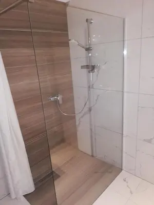 a shower with a glass door in a bathroom at MAPLE place in Pivka