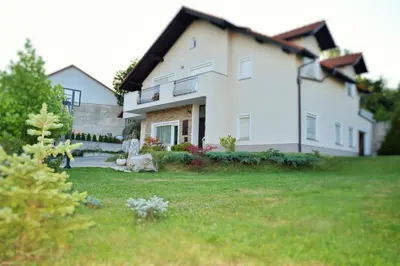 a large white house with a yard in front of it at MAPLE place in Pivka