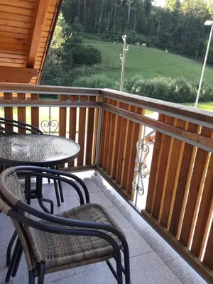 a patio with a table and chairs on a porch at Simnovi apartmaji - surrounded by nature in Kamnik