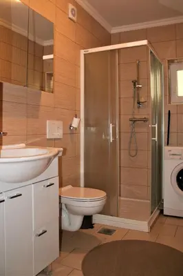a bathroom with a shower and a toilet and a sink at Simnovi apartmaji - surrounded by nature in Kamnik