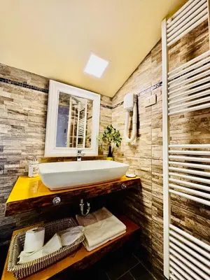 a bathroom with a sink and a mirror at Enam Room in Kojsko