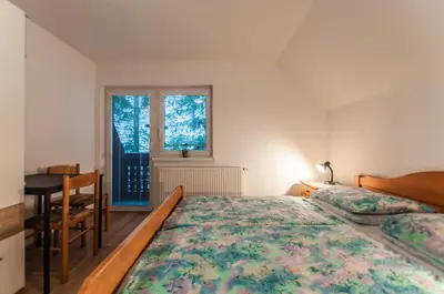 a bedroom with a bed and a desk and a window at Apartment Ticar in Bohinj
