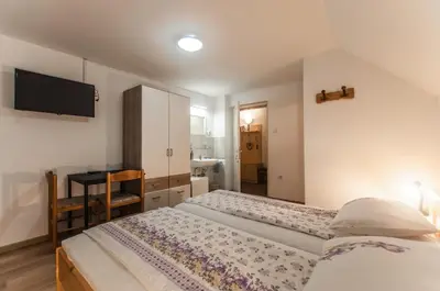 a bedroom with two beds and a television on the wall at Apartment Ticar in Bohinj