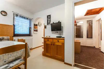 a bedroom with a bed and a tv on a cabinet at Apartment Ticar in Bohinj