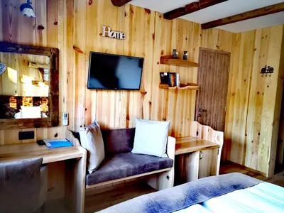 a room with a couch and a tv on a wooden wall at Ribno Alpine Hotel in Bled