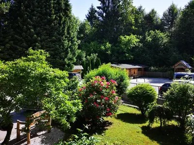 a garden with bushes and flowers in a yard at Ribno Alpine Hotel in Bled