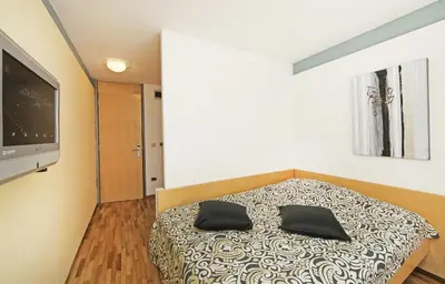 a bedroom with a bed with black pillows on it at Hotel Grosuplje in Grosuplje