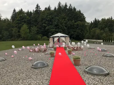 a red carpet with pink balloons and a tent with a red ribbon at Hotel Grosuplje in Grosuplje