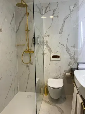 a bathroom with a shower and a toilet and a sink at Elegans Hotel Brdo in Kranj