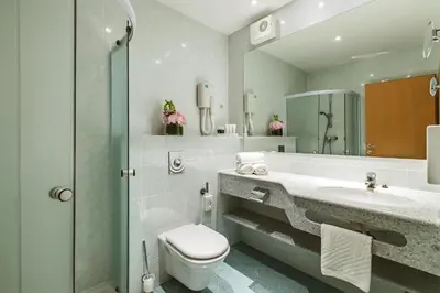 a bathroom with a sink and a toilet and a shower at Ramada Hotel & Suites Kranjska Gora in Kranjska Gora