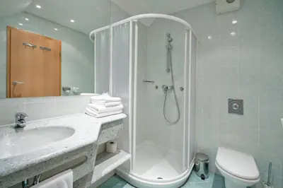 a bathroom with a shower and a sink and a toilet at Ramada Hotel & Suites Kranjska Gora in Kranjska Gora
