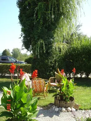 a garden with a table and chairs and flowers at Pri Ancki Sobe Rooms Accomodation Ljubljana suburbs in Medvode
