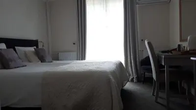 a bedroom with a bed and a desk and a window at Sport Manca Garni Hotel in Radovljica