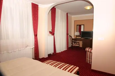 a hotel room with a bed and a desk with a television at Sport Manca Garni Hotel in Radovljica