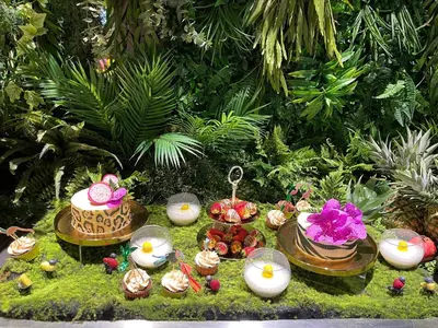 a display of food on a table in a garden at Bled Rose Hotel in Bled