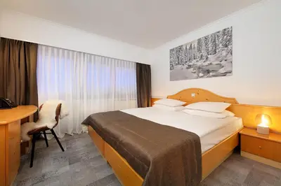 a hotel room with a bed and a desk at Hotel Planja in Zreče