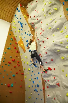 a woman climbing a climbing wall on a rock wall at Hotel Planja in Zreče