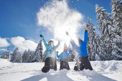 three people standing in the snow with their arms up at Hotel Planja in Zreče