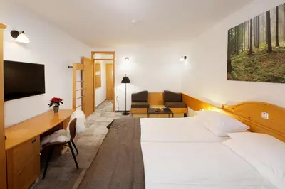 a hotel room with two beds and a desk at Hotel Planja in Zreče