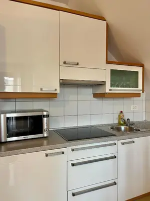 a kitchen with white cabinets and a microwave at Aparthotel Gaja in Bled