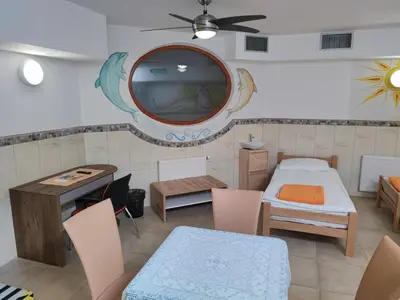a room with a bedroom with a bed and a mirror at Penzion Kovac in Radovljica