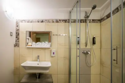 a bathroom with a sink and a shower at Penzion Kovac in Radovljica