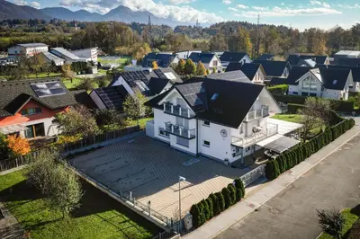 an aerial view of a house in a residential neighborhood at Penzion Kovac in Radovljica