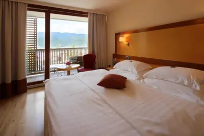 a bedroom with a large white bed with a large window at Hotel Lovec in Bled