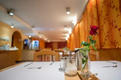 a red rose in a vase on a table at Hotel Tabor Maribor in Maribor