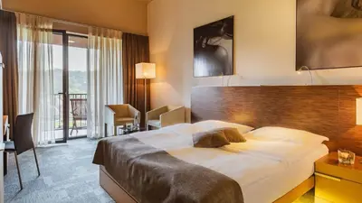 a hotel room with a large bed and a desk at Terme Olimia - Hotel Sotelia in Podčetrtek