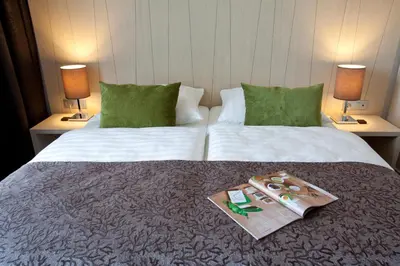 a hotel room with a bed with two green pillows at Hotel Astoria Superior in Bled