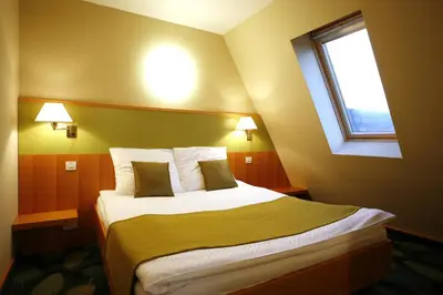 a bedroom with a large bed with a window at Hotel Kristal - Terme Krka in Dolenjske Toplice