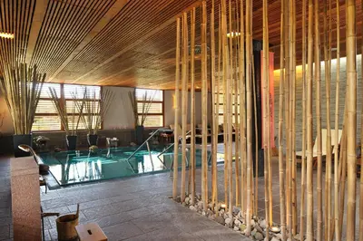 a room with a swimming pool and bamboo walls at Hotel Kristal - Terme Krka in Dolenjske Toplice