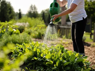 a woman watering a garden with a watering funnel at Hotel Sport - Terme Krka in Otočec