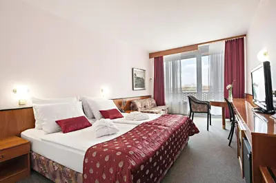 a hotel room with a large bed and a television at Hotel Radin, Radenci Spa Resort - Sava Hotels & Resorts in Radenci