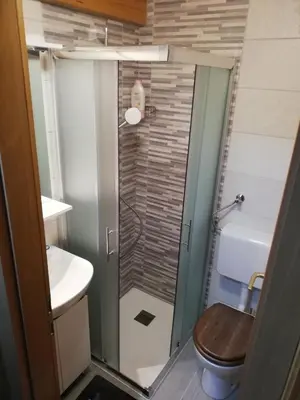 a bathroom with a shower with a toilet and a sink at Brunarica na Goreljeku, Pokljuka in Bohinj