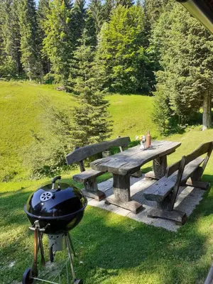 a picnic table with a bbq and a grill at Brunarica na Goreljeku, Pokljuka in Bohinj