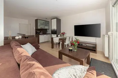 a living room with a couch and a tv at Deluxe Apartma Jana in Ljubljana