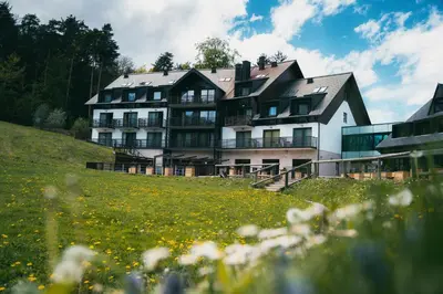 a large house on a hill with a field of flowers at Hotel Arena Maribor in Maribor