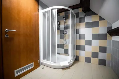 a bathroom with a shower with a glass door at Hotel Dvor Jezersek Brnik in Cerklje na Gorenjskem