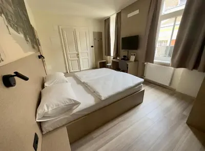 a bedroom with a large white bed with a window at Hotel Evropa in Celje