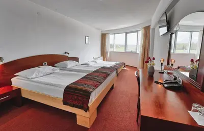 a large bedroom with a large bed and a television at Hotel Krek Superior in Lesce