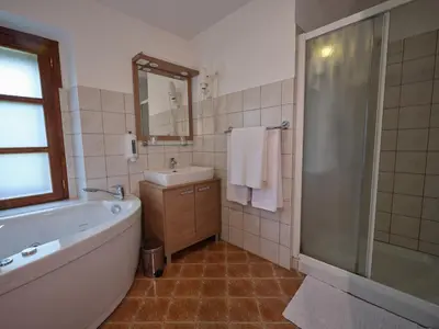 a bathroom with a tub and a sink and a mirror at Wine Grower's Mansion Zlati Gric in Slovenske Konjice