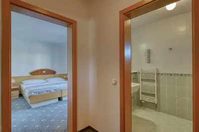 a bedroom with a bed and a bathroom with a shower at Garni Hotel Zvon in Zreče