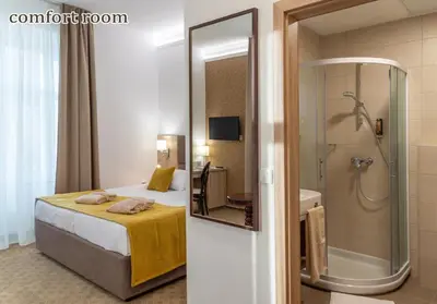 a hotel room with a bed and a shower at Grand Hotel Rogaska in Rogaška Slatina