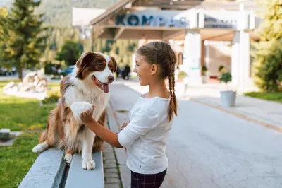 a girl is holding a dog on a bench at Hotel Kompas in Kranjska Gora
