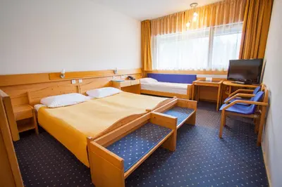 a small room with a bed and a television at Hotel Špik in Kranjska Gora