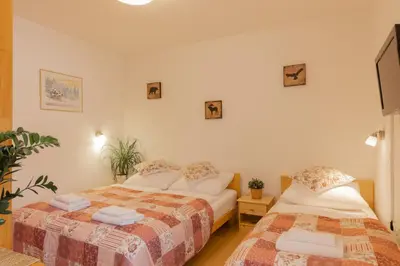 two beds in a room with white walls at Apartments Rozle in Kranjska Gora