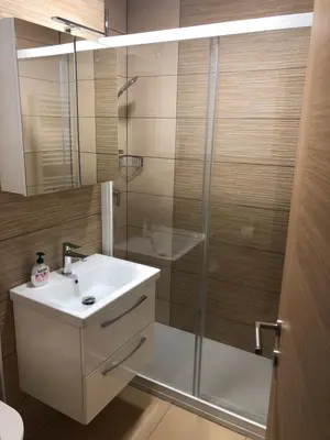 a bathroom with a sink and a glass shower at Apartments Kaninska Vas in Bovec