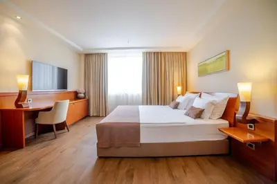 a hotel room with a bed and a desk and a television at Perla, Resort & Entertainment in Nova Gorica